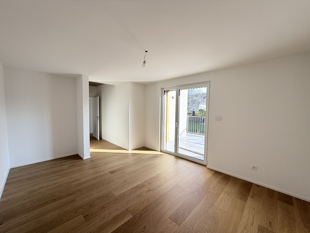 Heller leerer Wohnraum mit Holzboden und Terrassentür