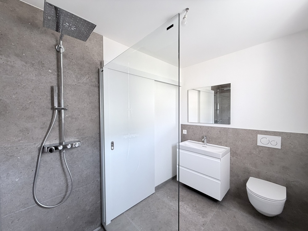Modernes Badezimmer mit begehbarer Dusche, Waschtisch und wandhängendem WC