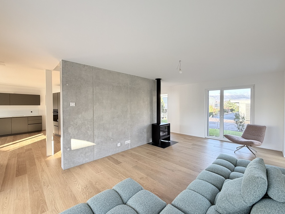 Offener Wohnbereich mit Kamin und Blick in den Garten