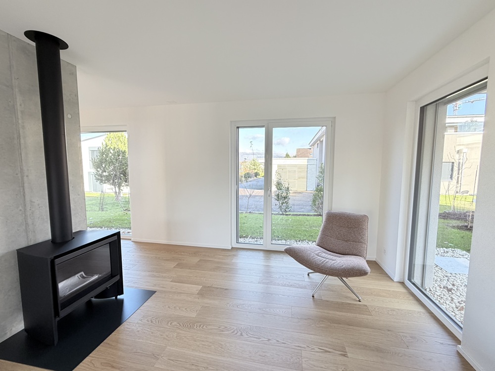 Moderner Wohnraum mit Kamin und großen Fensterflächen