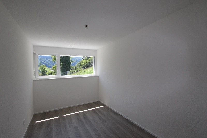 Heller leerer Raum mit Fensterblick ins Grüne
