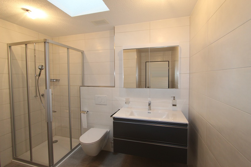 Modernes Bad mit Dusche und Waschtisch