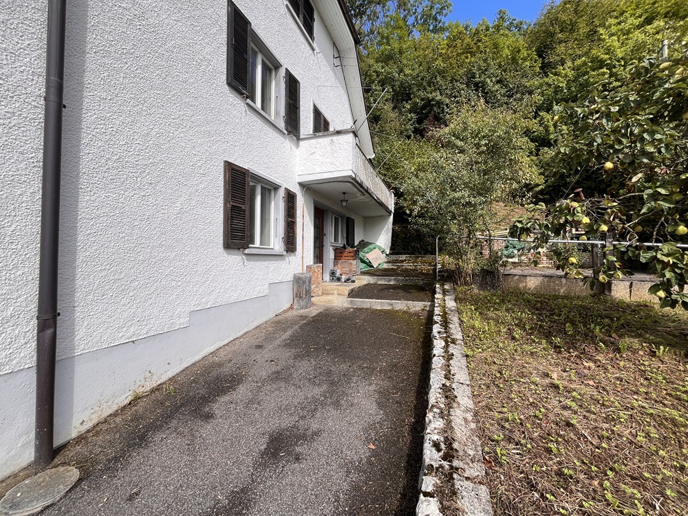 Hausansicht mit seitlichem Zugang und Garten