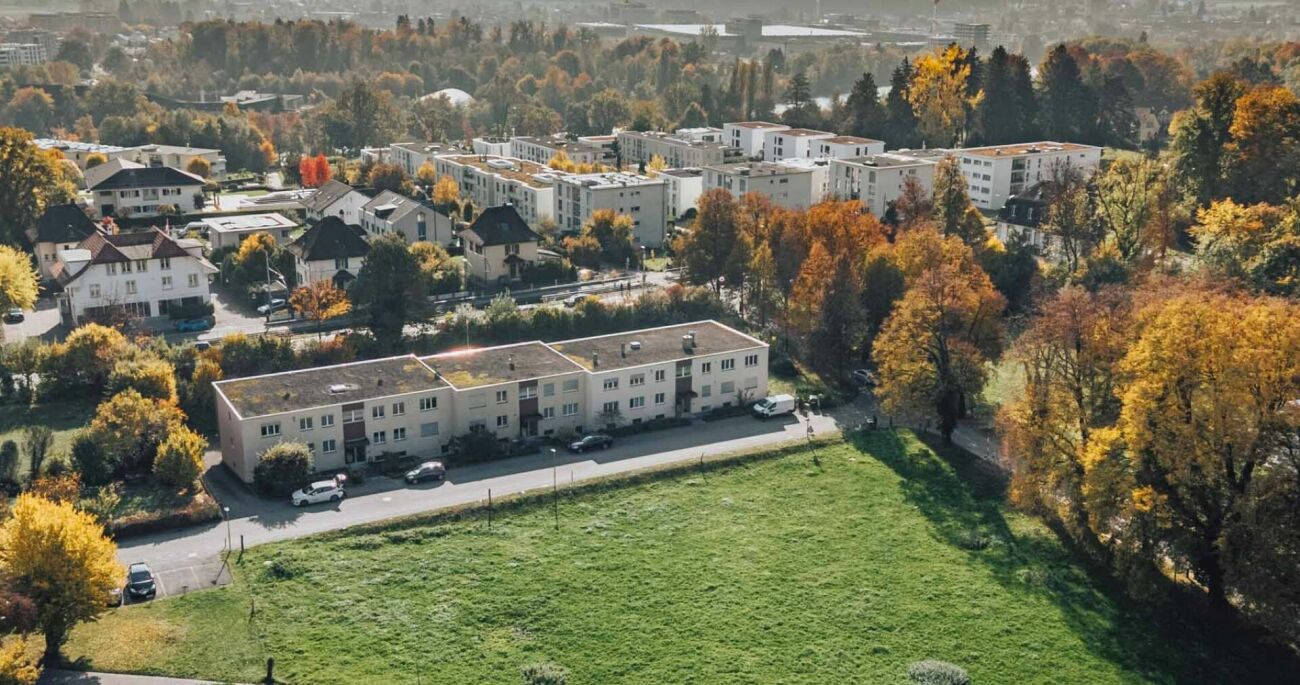Luftaufnahme eines Wohngebiets im Herbst