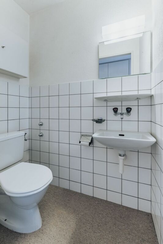 Gäste-WC mit Wandfliesen und Spiegel