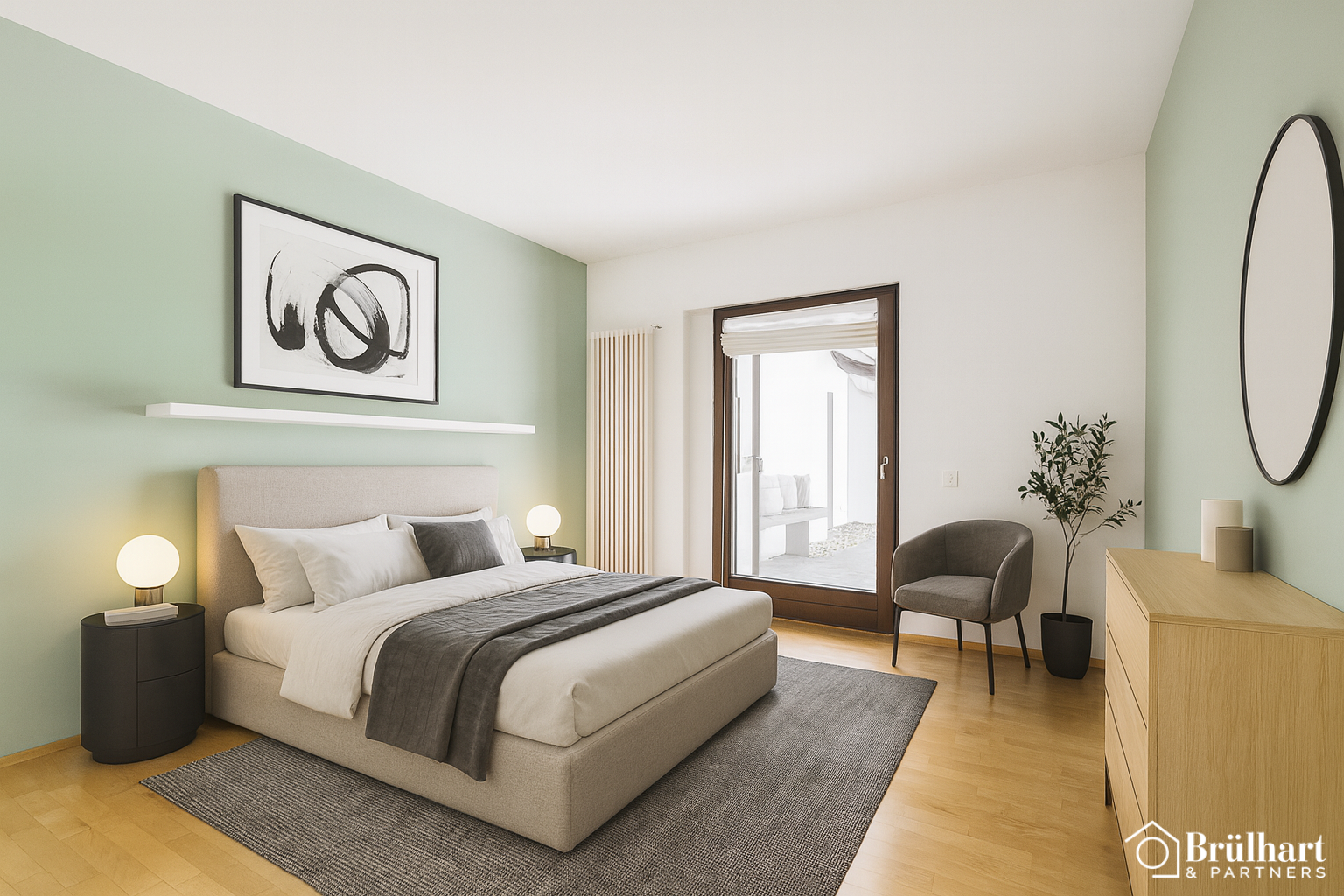 Modernes, helles Schlafzimmer mit Balkonzugang