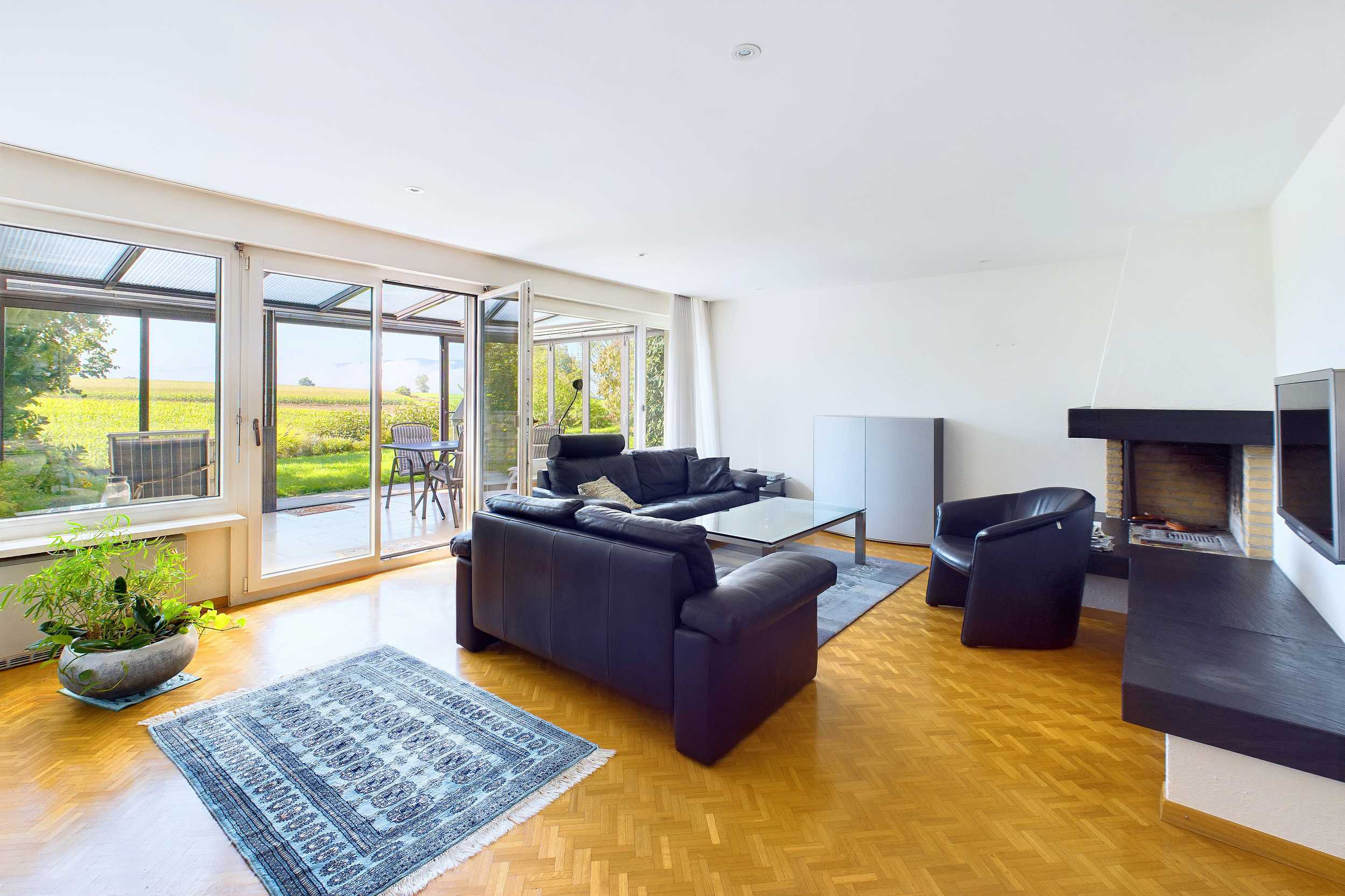Helles Wohnzimmer mit Kamin und Gartenblick