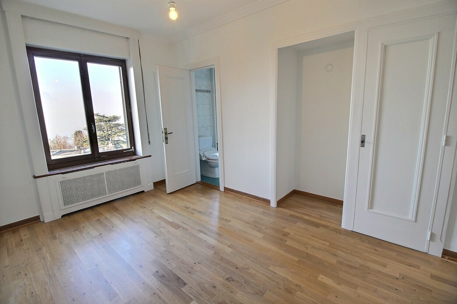 Heller leerer Raum mit Holzboden und zwei Türen