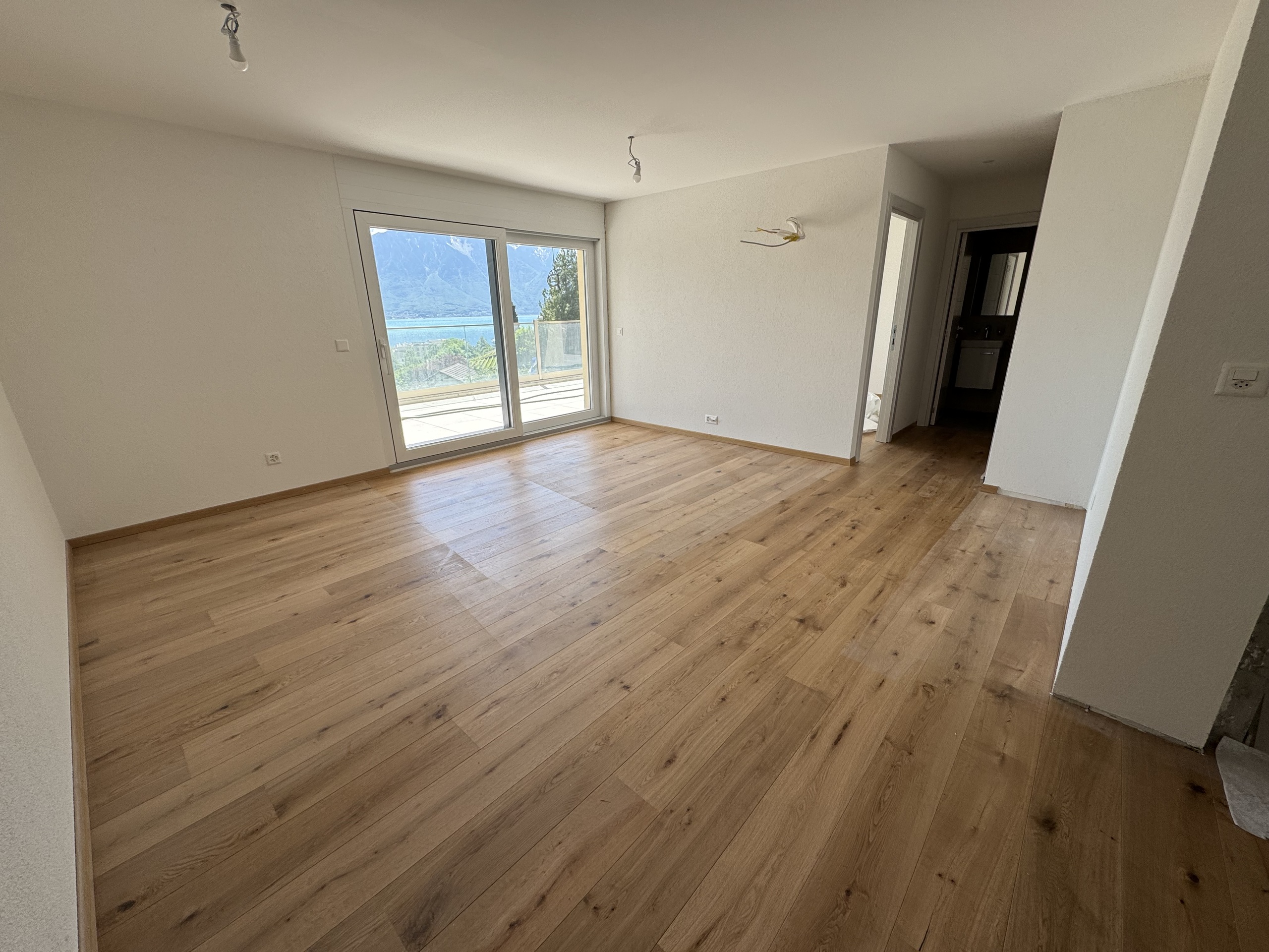 Leeres Wohnzimmer mit Balkon- und Seeblick