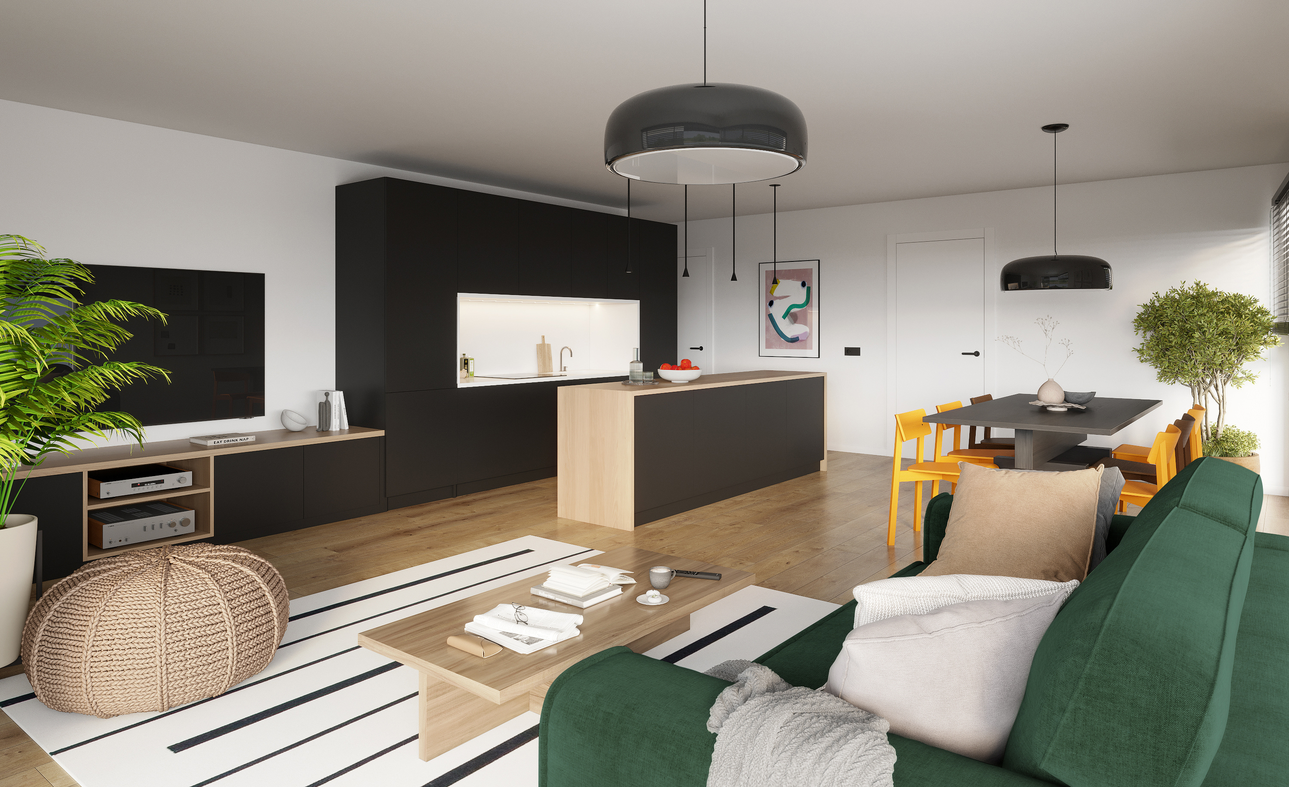 Modernes offenes Wohn-Esszimmer mit Küche