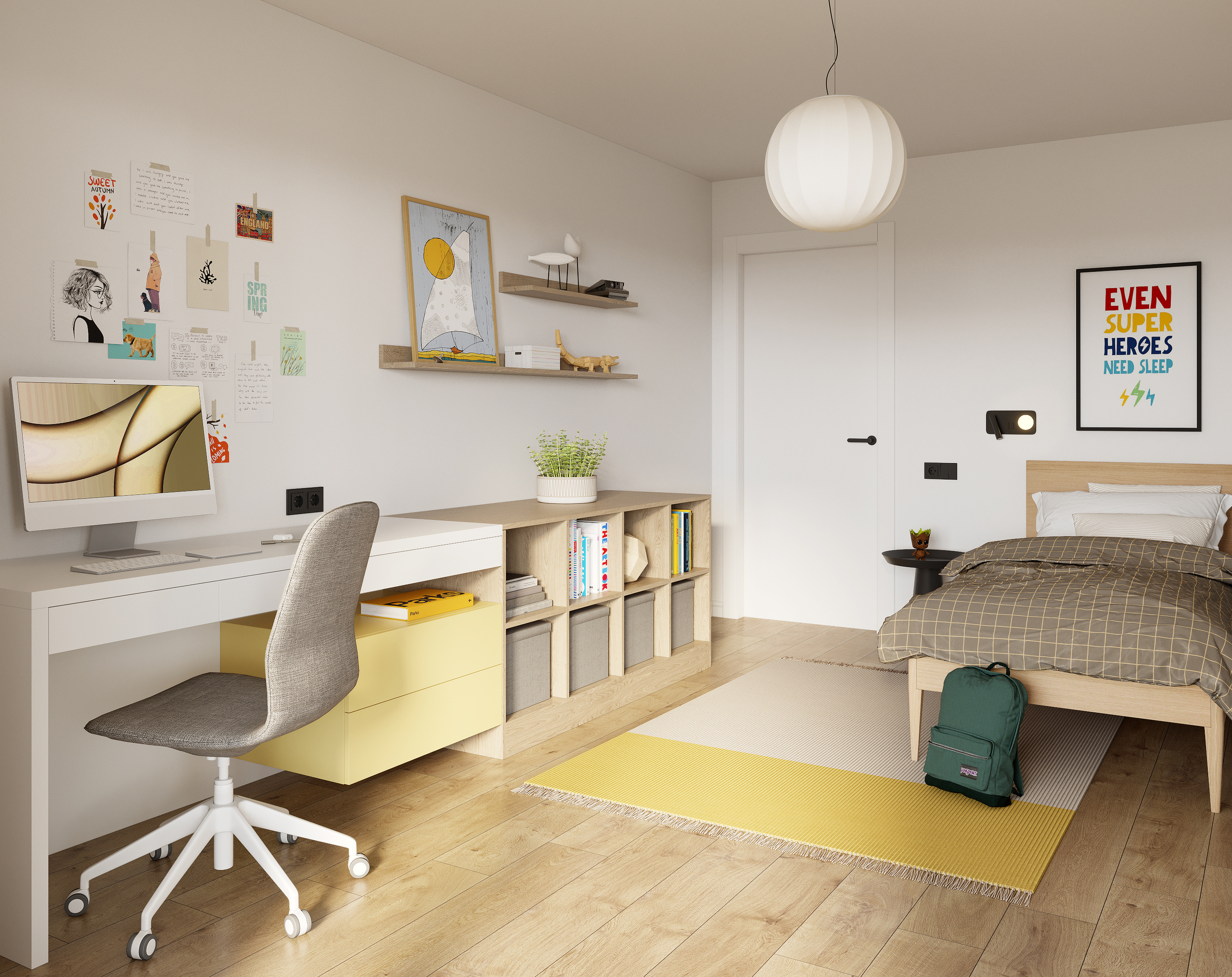 Kinderzimmer mit Schreibtisch und Einzelbett