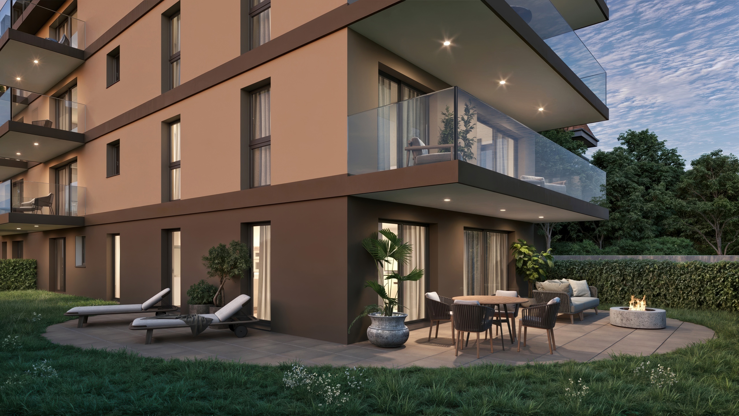 Moderne Wohnanlage mit Terrassen und Garten