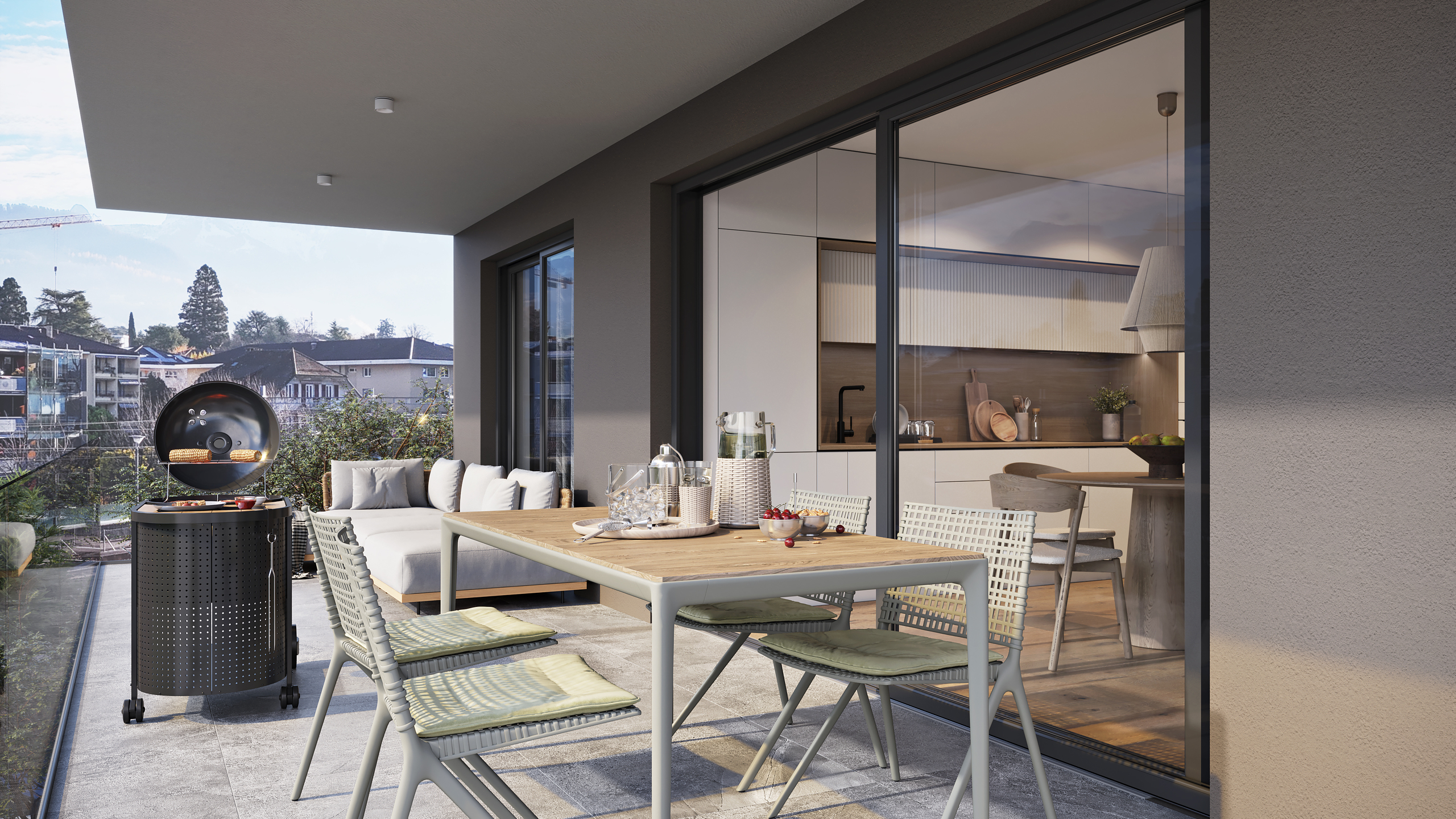 Moderne Terrasse mit Außenküche und Essbereich