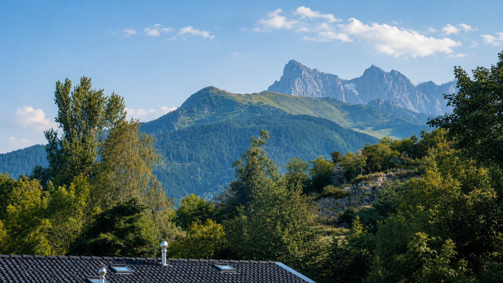 Bergblick mit dichter Vegetation und Dachkante