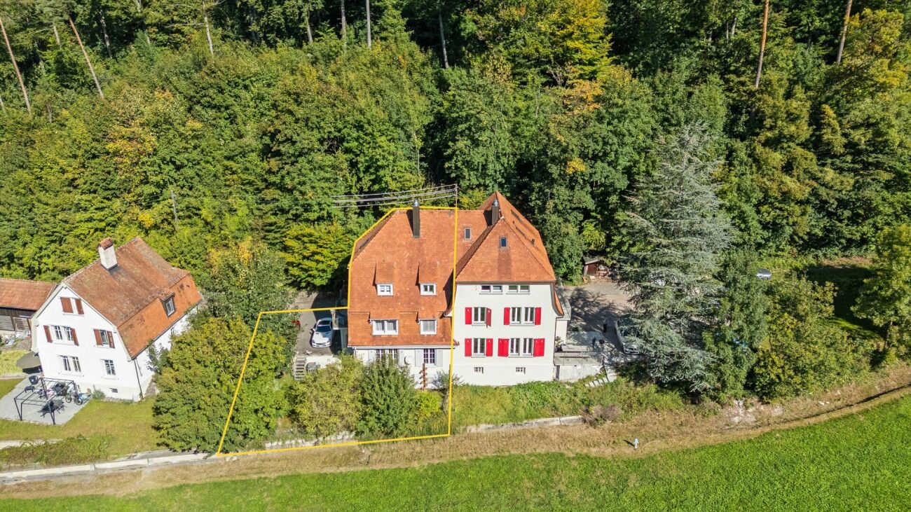 Luftaufnahme eines Wohnhauses im Grünen