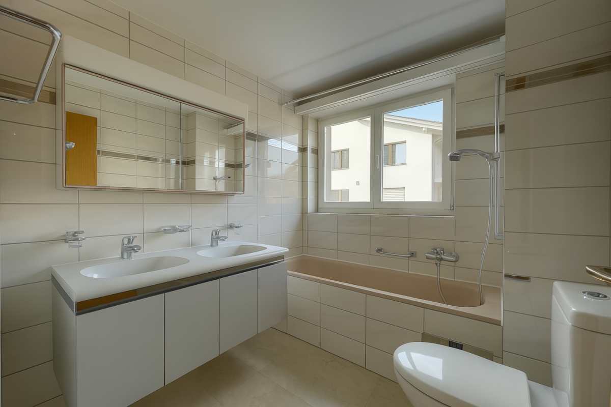 Modernes Badezimmer mit Doppelwaschtisch und Badewanne