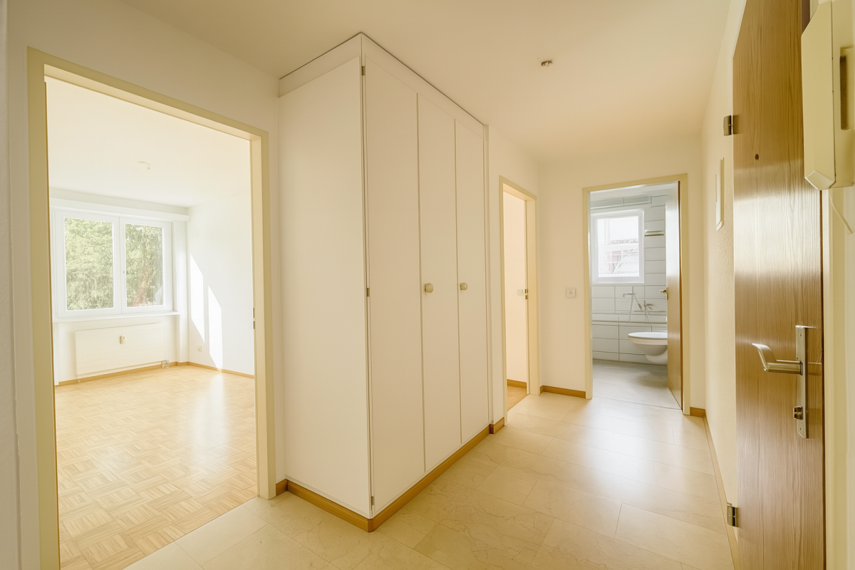 Heller Flur mit Einbauschrank und angrenzenden Räumen