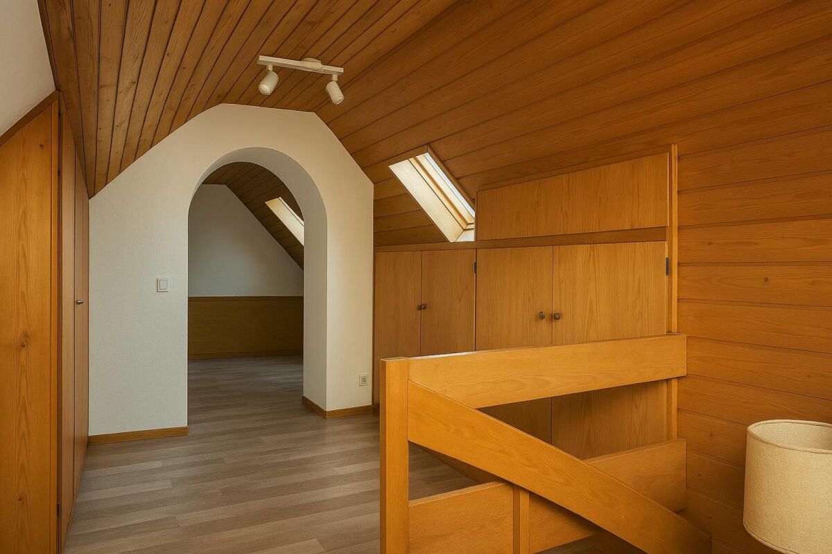 Dachgeschossflur mit Holzverkleidung