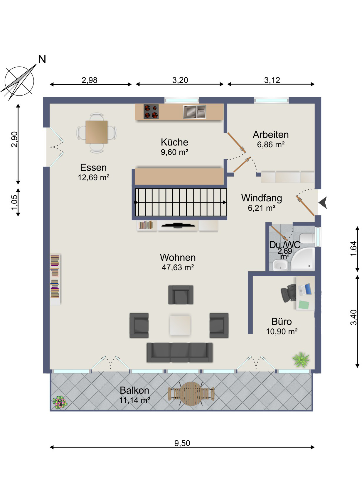 Grundriss einer Wohnung mit Balkon