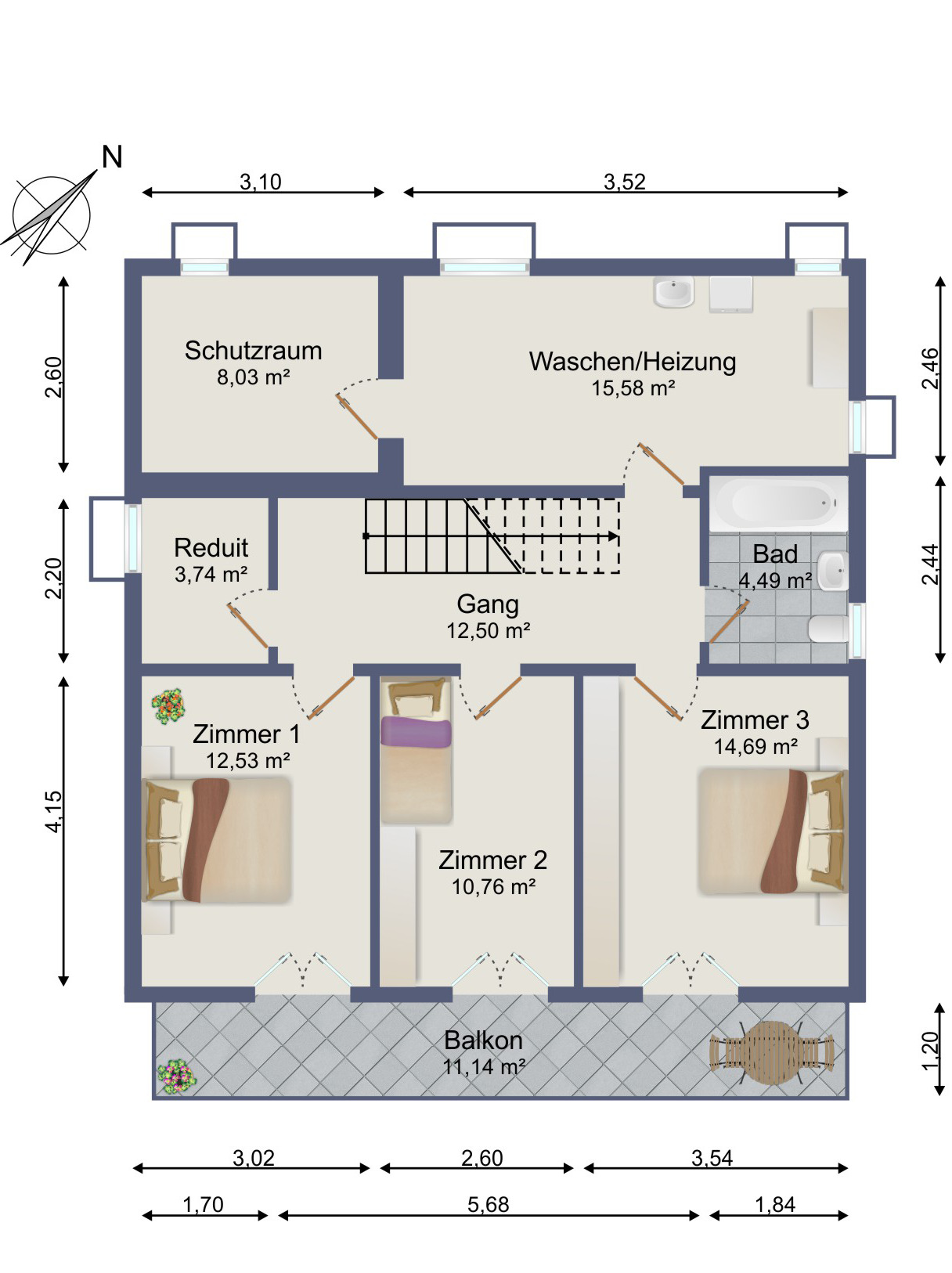 Grundriss einer Etage mit Balkon