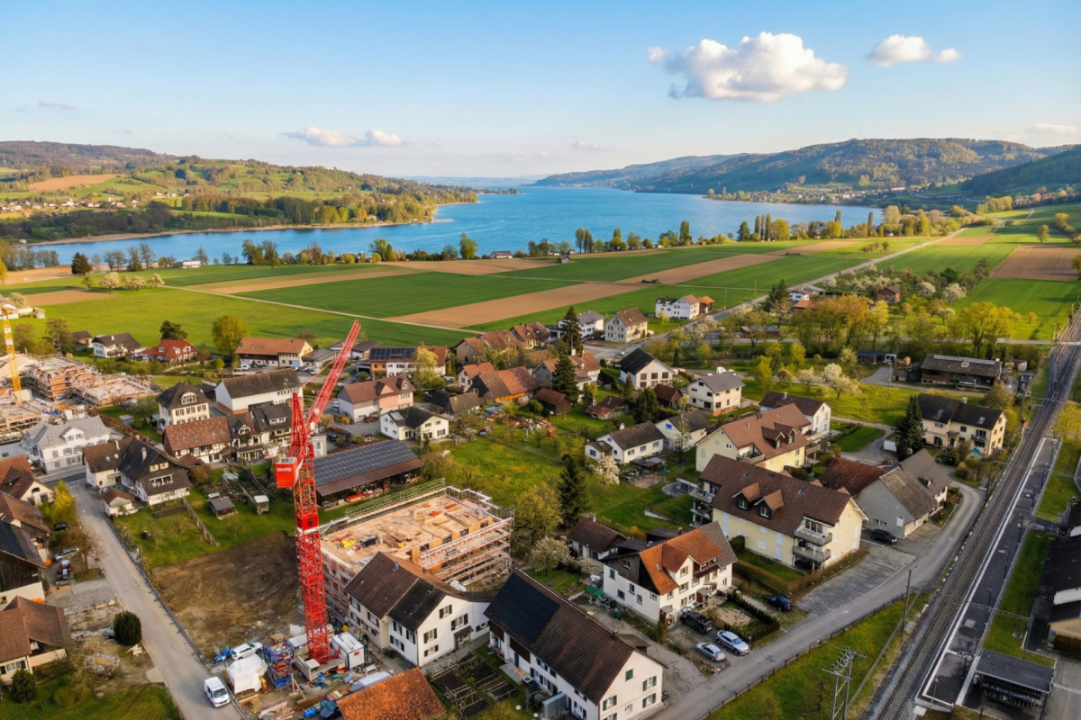Luftaufnahme eines Wohnorts am See