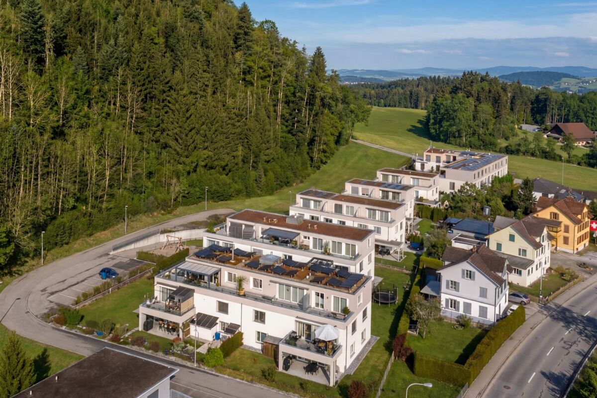 Luftaufnahme einer modernen Wohnsiedlung am Waldrand