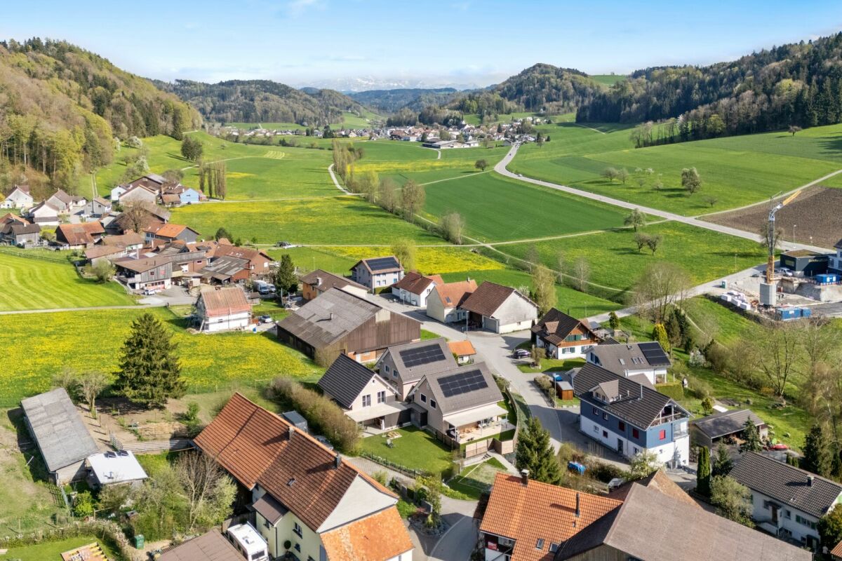 Ländliche Siedlung in grüner Hügellandschaft