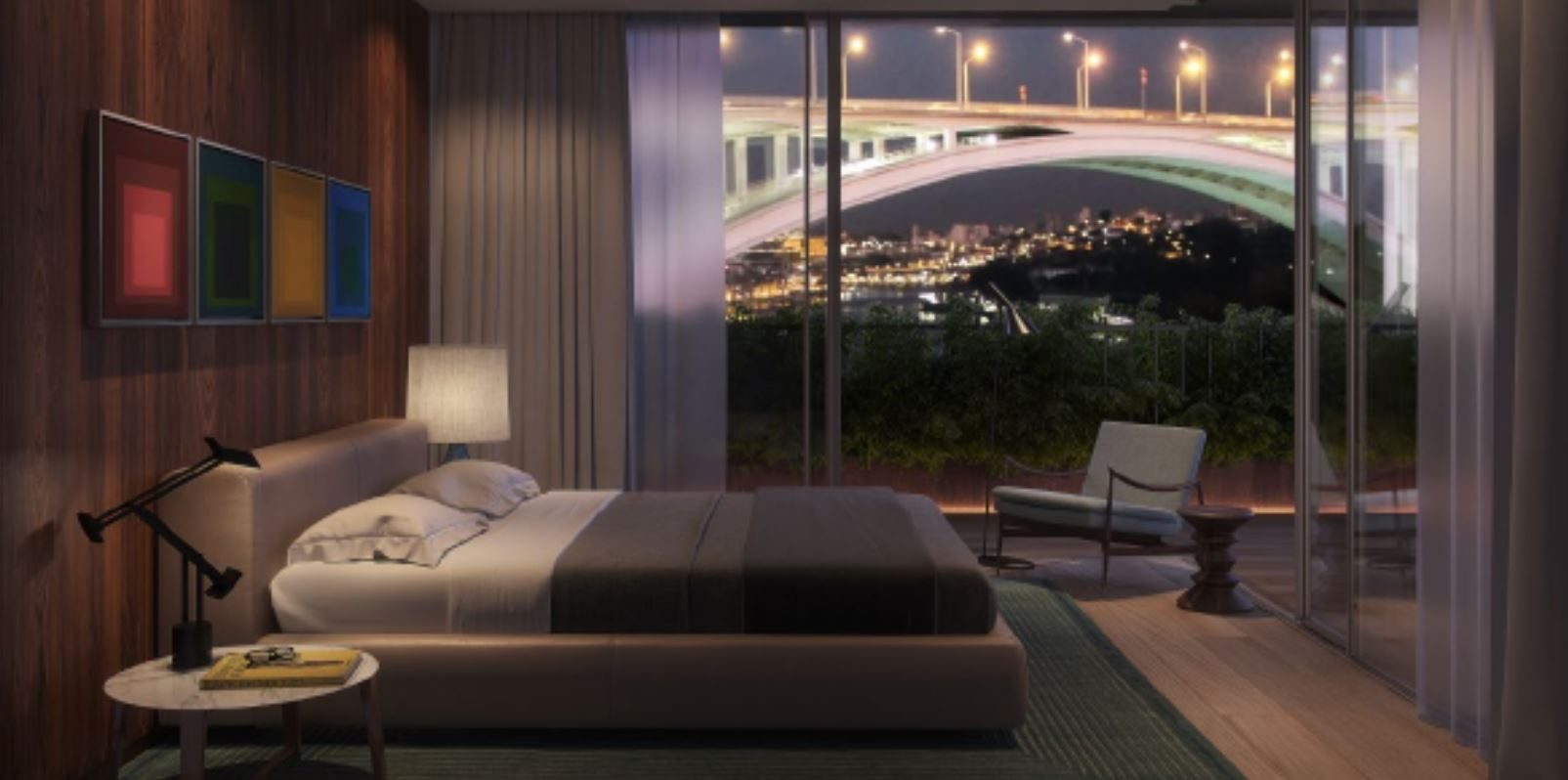 Modernes Schlafzimmer mit Panoramaausblick bei Nacht