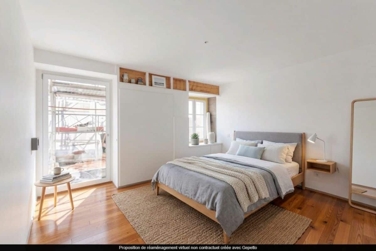 Helles Schlafzimmer mit Holzboden