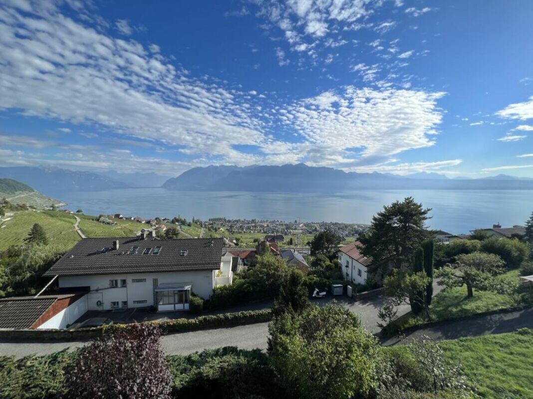Seeblick über Wohnhäuser und Landschaft