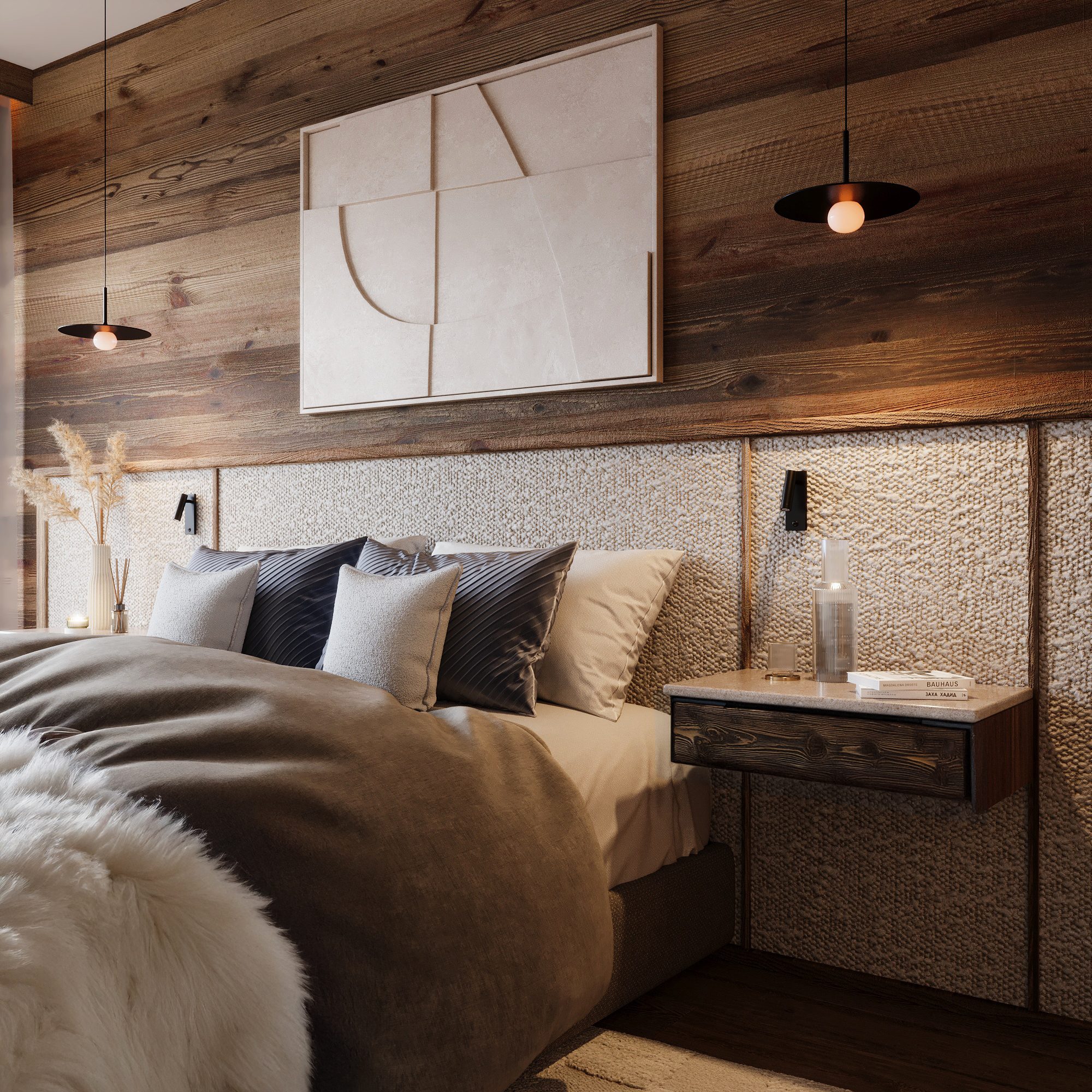 Gemütliches Schlafzimmer mit warmen Naturmaterialien
