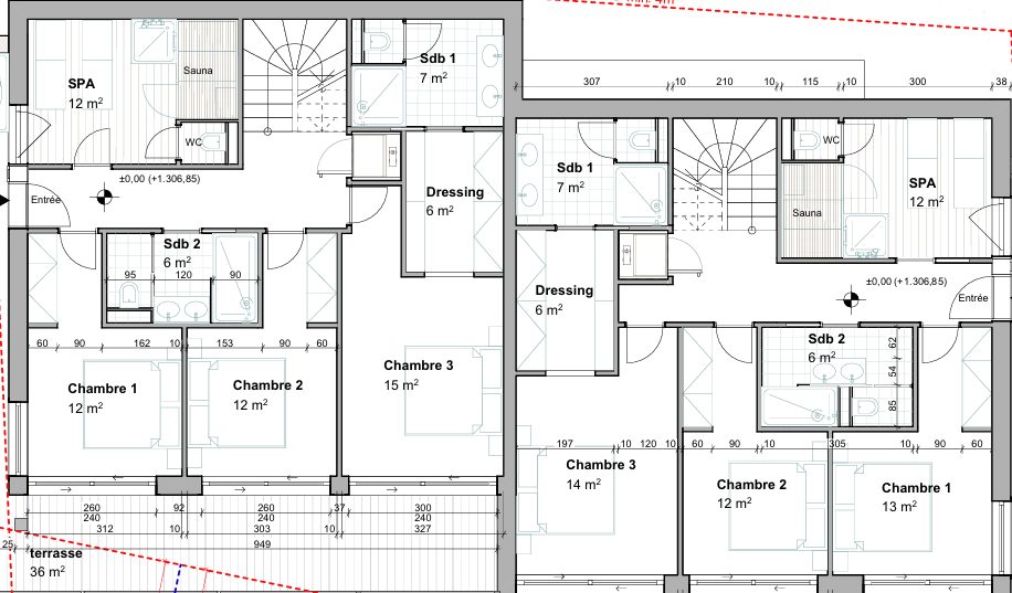Grundriss eines Wohnobjekts mit SPA, Sauna, Schlafzimmern, Ankleiden und Bädern