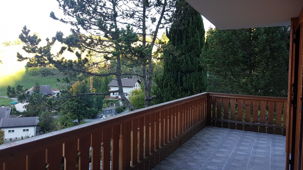 Balkon mit Holzgitter und Landschaftsblick