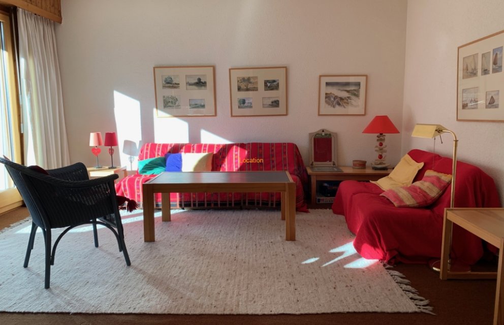 Wohnzimmer mit rotem Sofa und Tageslicht