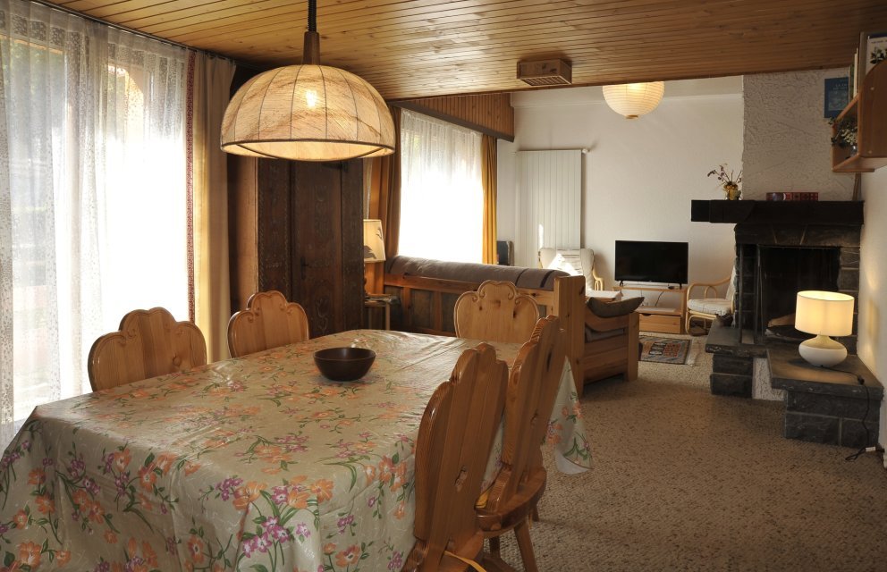 Gemütliches Wohn-Esszimmer mit Kamin und Holzmöbeln