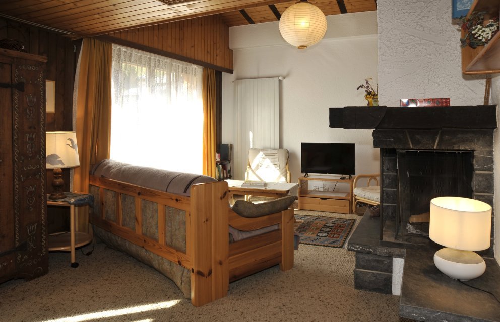 Gemütliches Wohnzimmer mit Kamin und großer Fensterfront