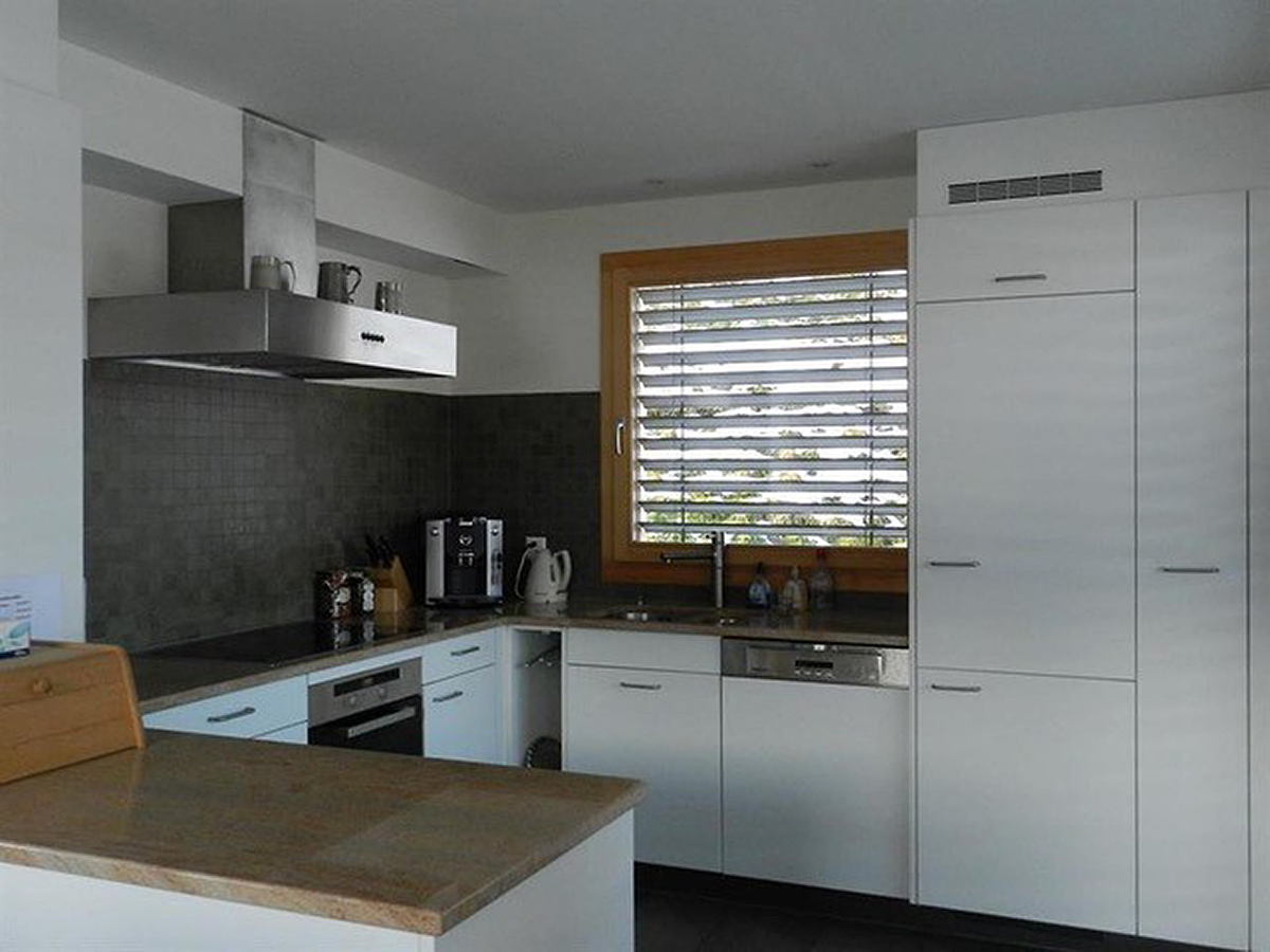 Moderne Einbauküche mit Fensterfront