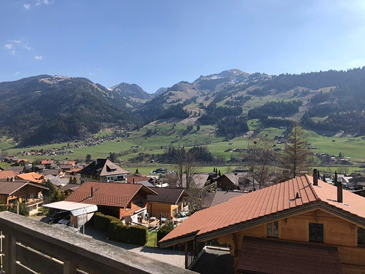 Bergpanorama über Dorfhäusern