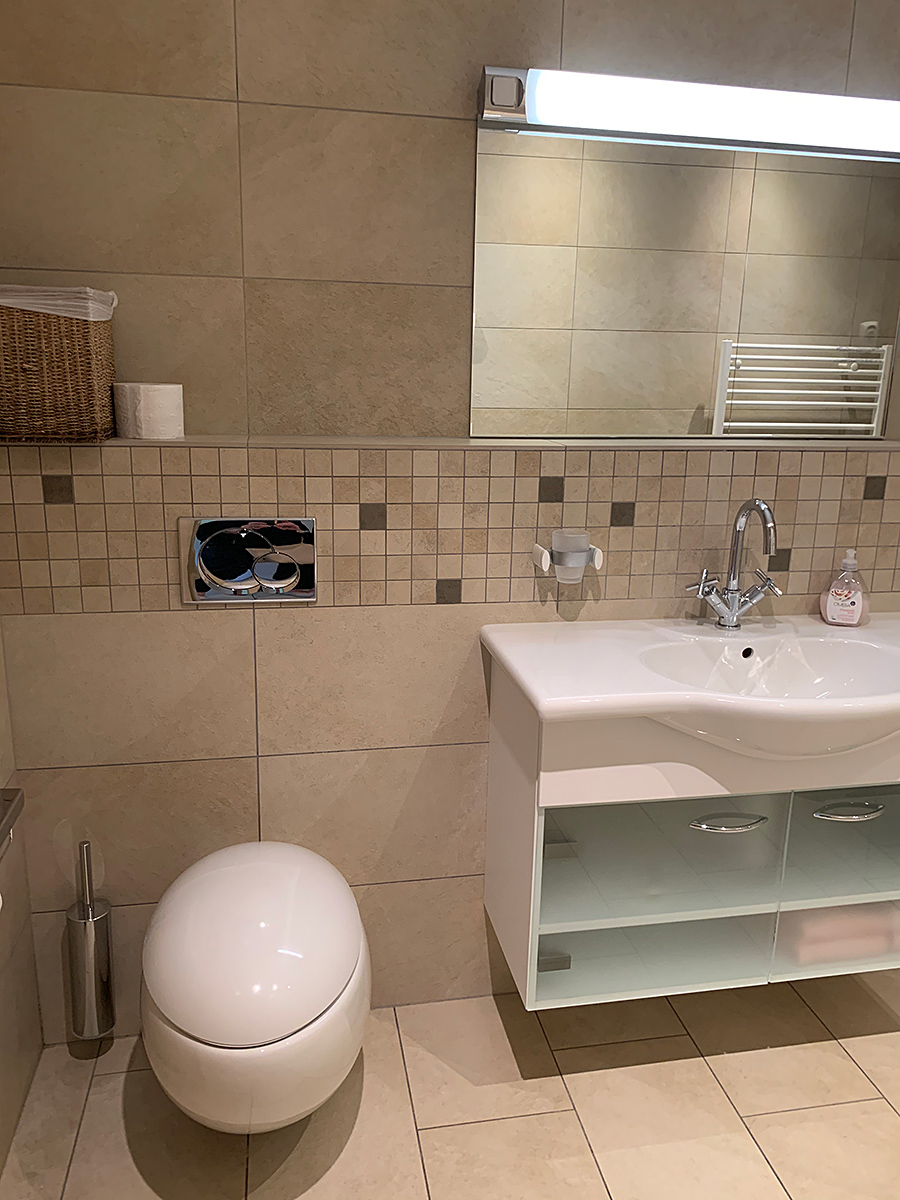 Modernes Badezimmer mit Waschtisch und Dusch-WC