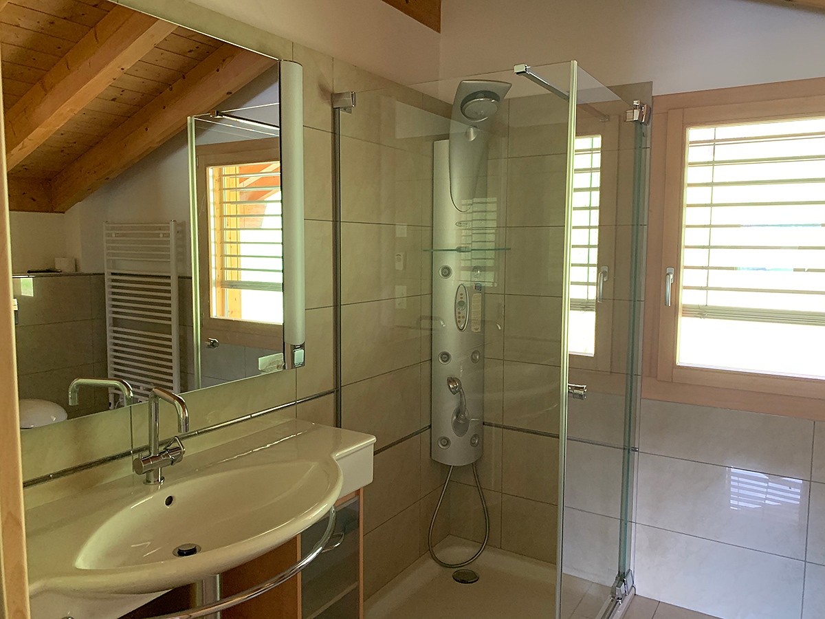 Helles Badezimmer mit Dusche und Holzbalken