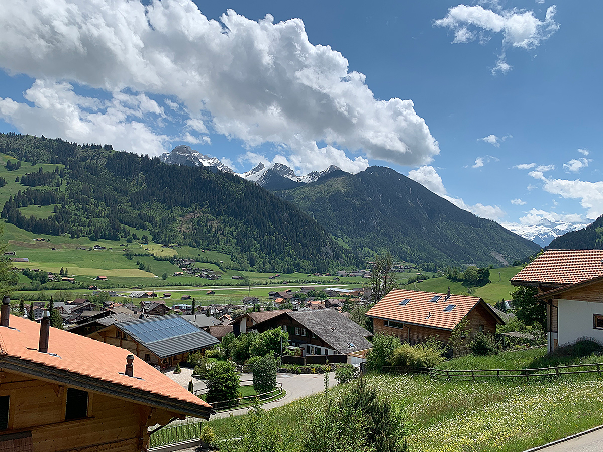 Alpenpanorama mit Dorf und Chalets