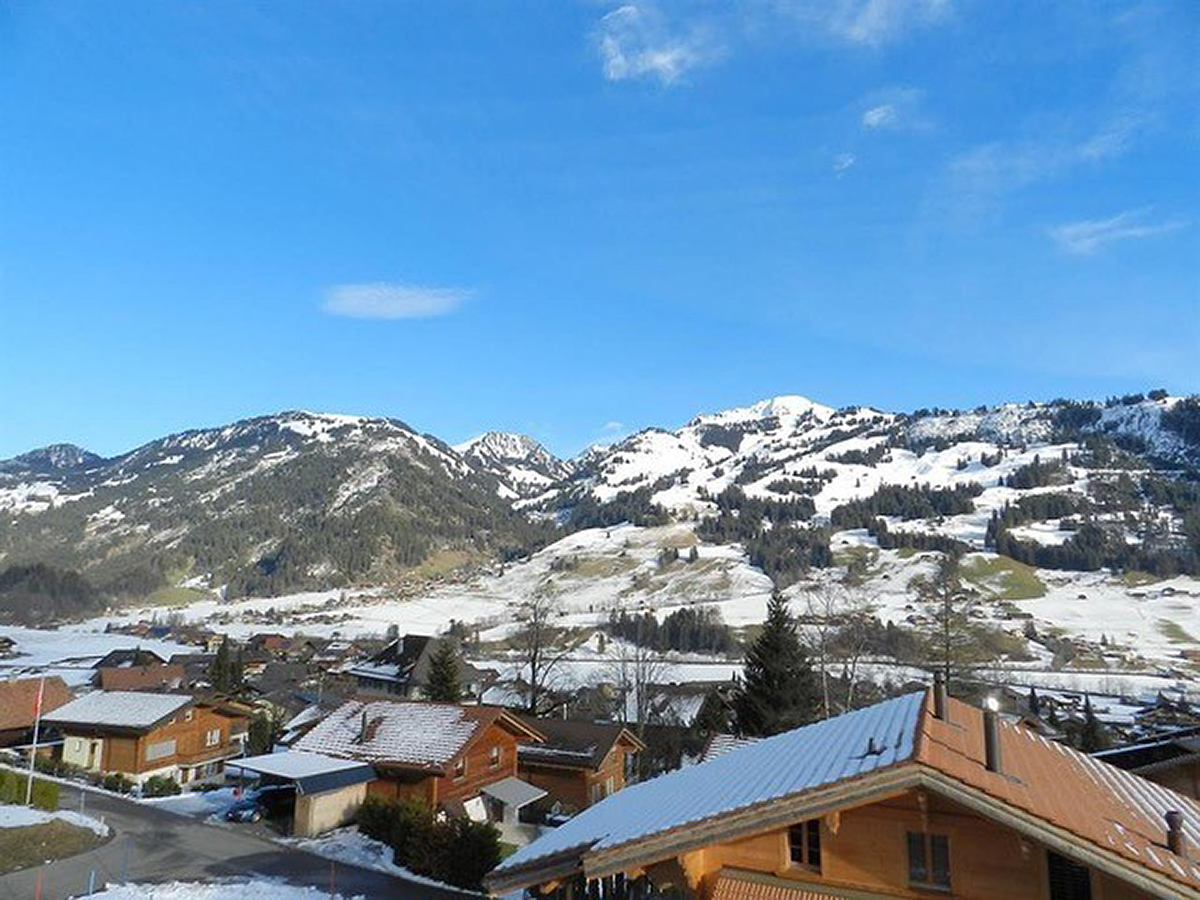 Berglandschaft mit Häusern im Winter