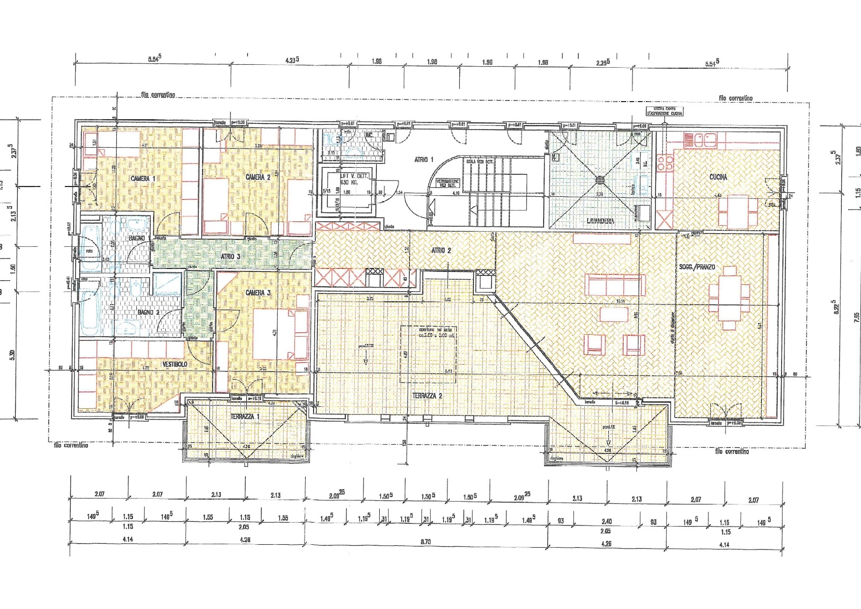 Grundriss einer großzügigen Wohnung mit mehreren Zimmern und Terrassen