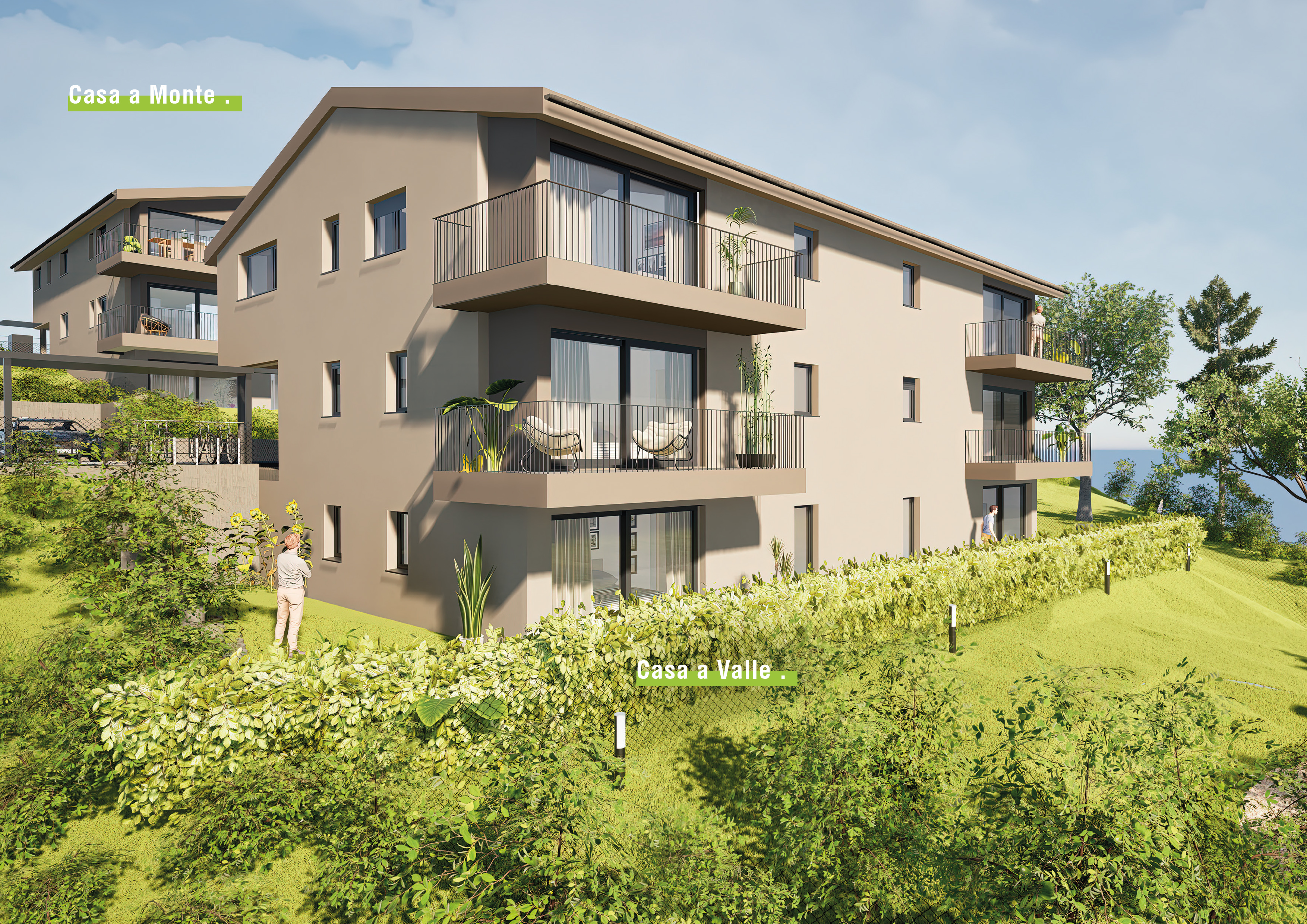 Modernes Mehrfamilienhaus mit Balkonen in grüner Hanglage