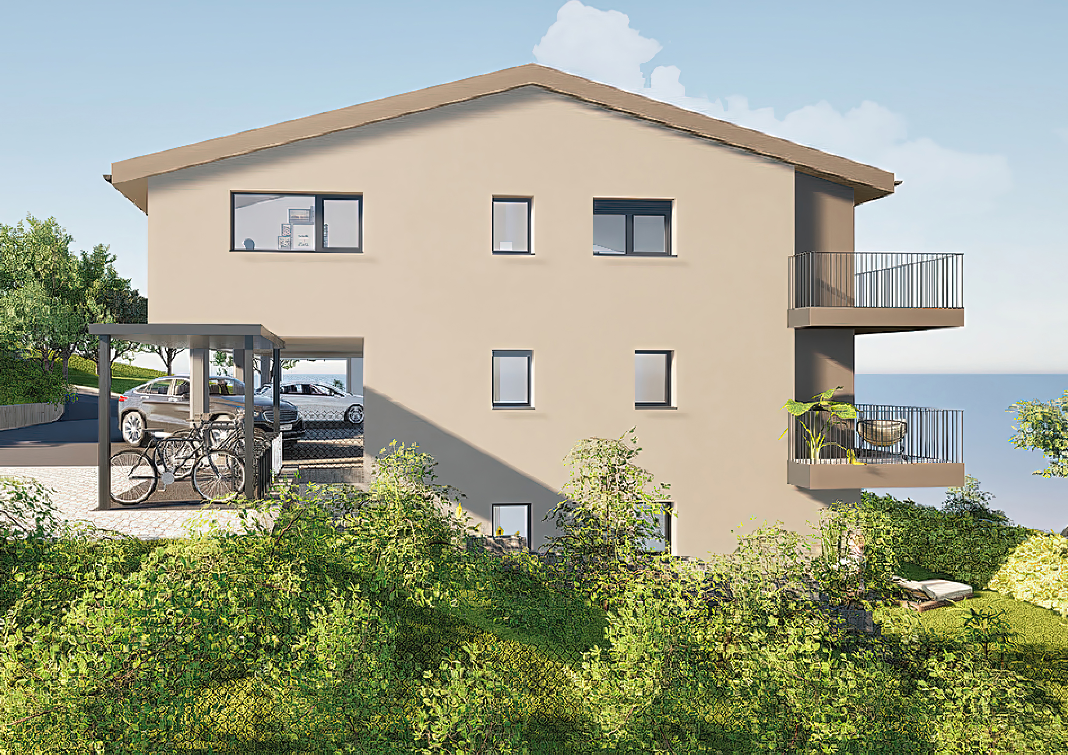 Moderne Wohnhaus-Ansicht mit Balkon und Garten
