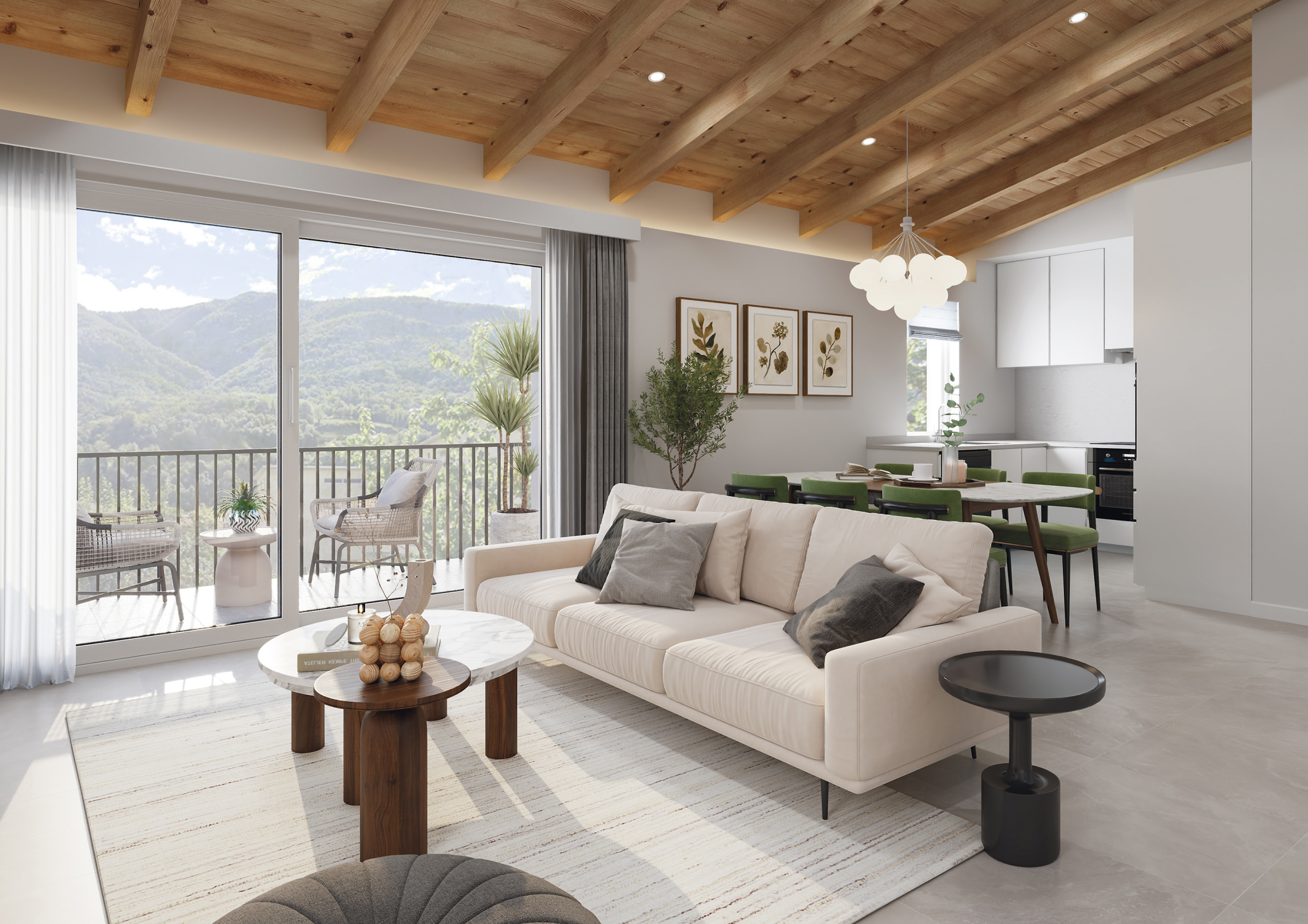 Heller Wohn-Essbereich mit Balkon und Bergblick