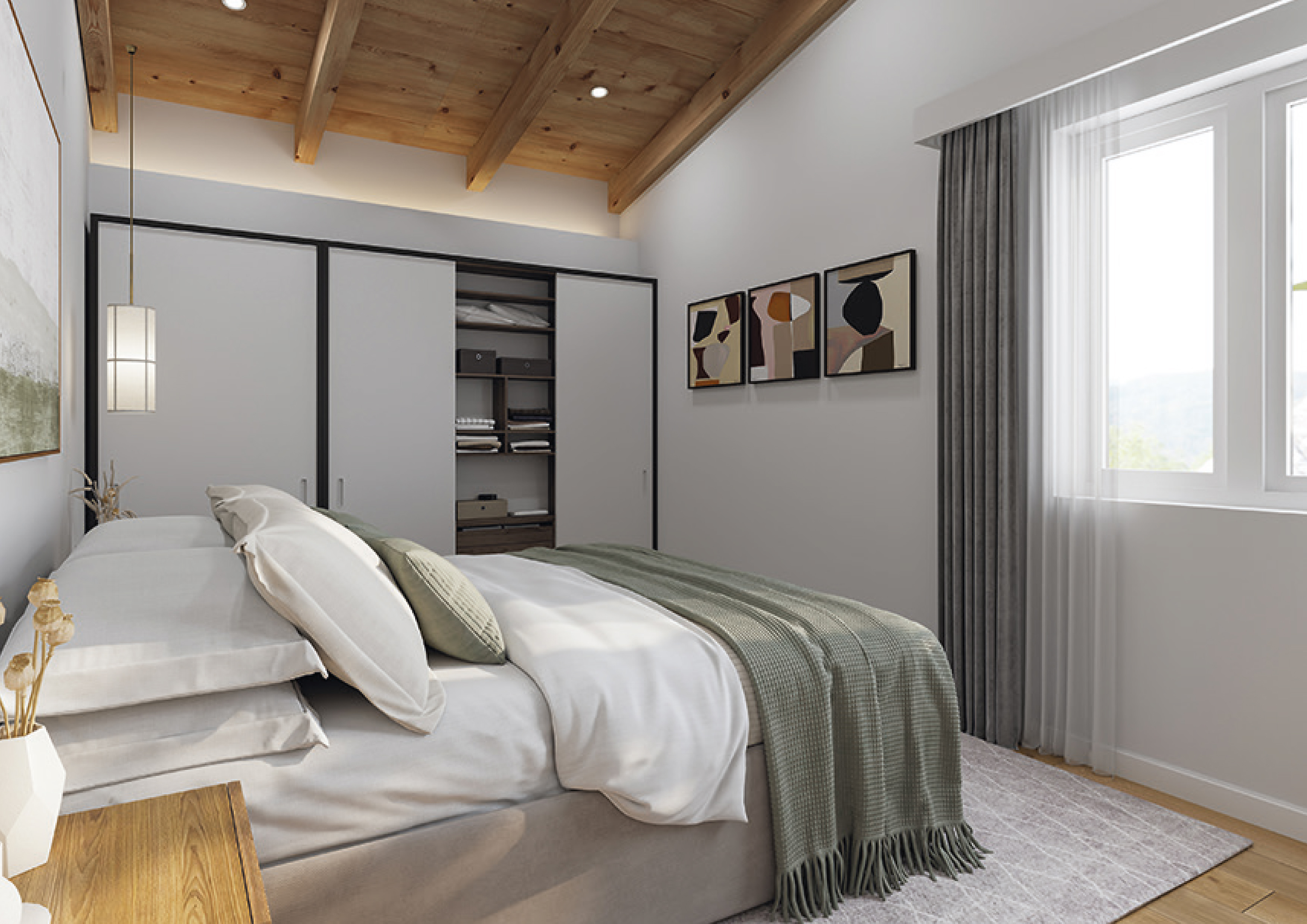 Helles Schlafzimmer mit Holzbalkendecke