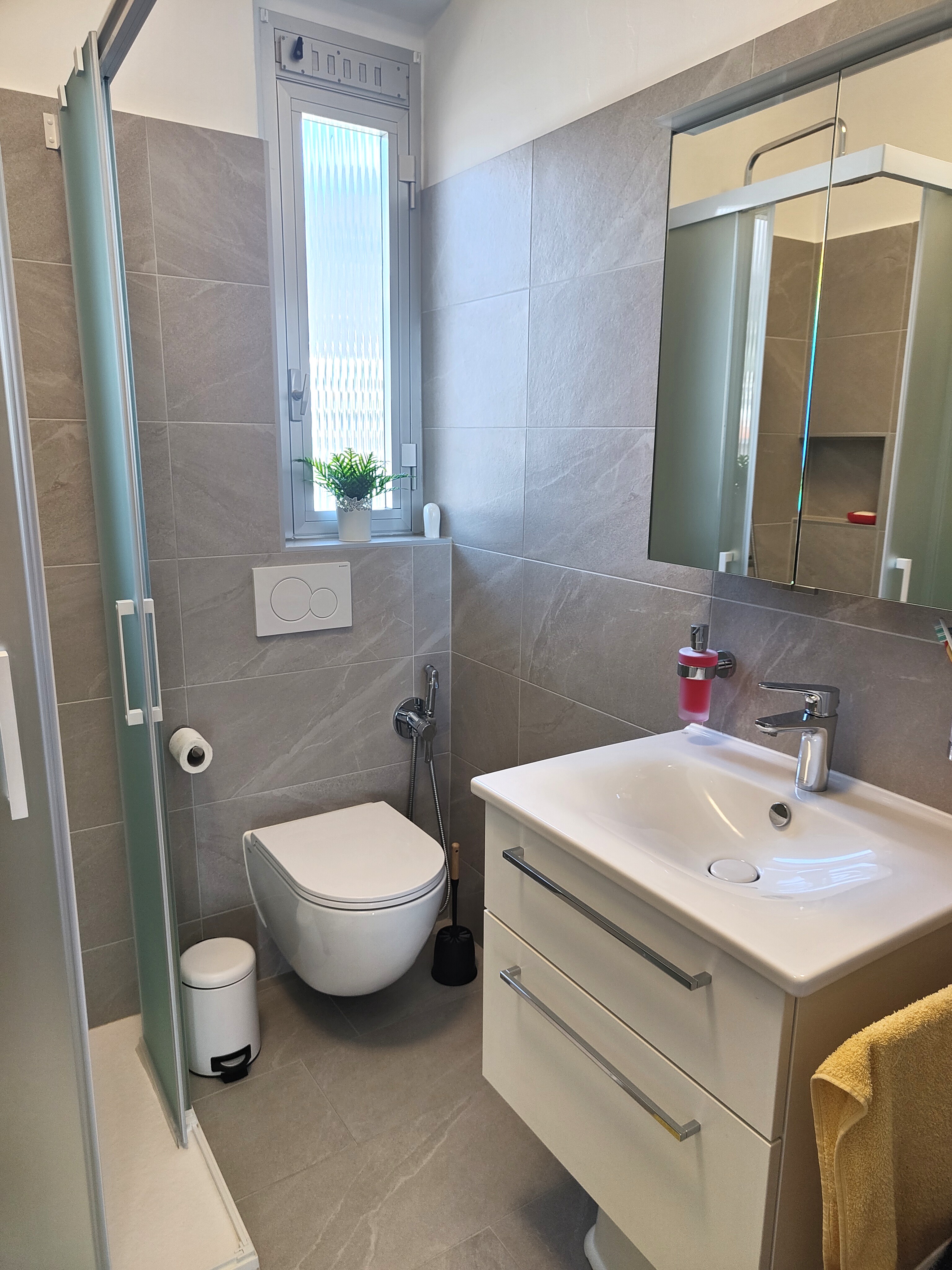Modernes Bad mit Dusche, WC und Waschtisch