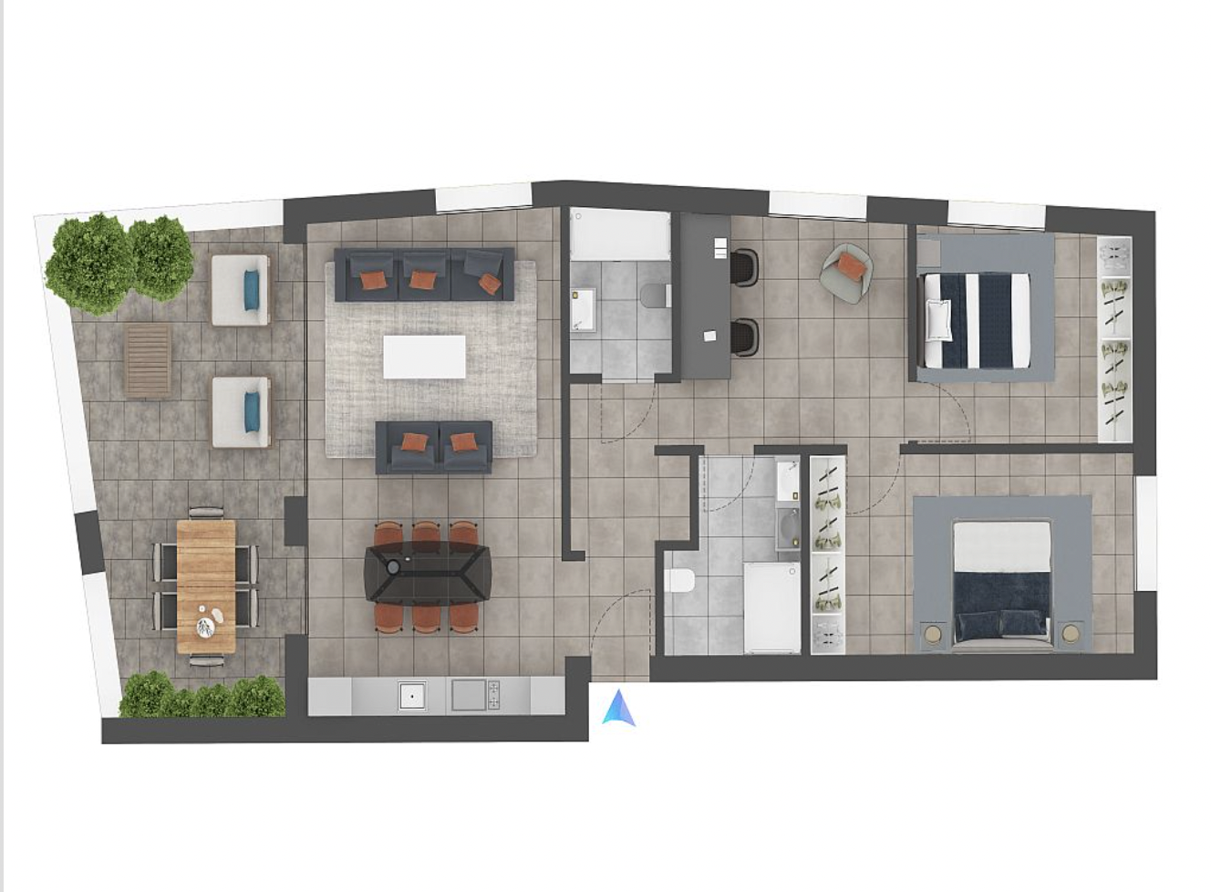 Grundriss einer Wohnung mit möblierten Räumen