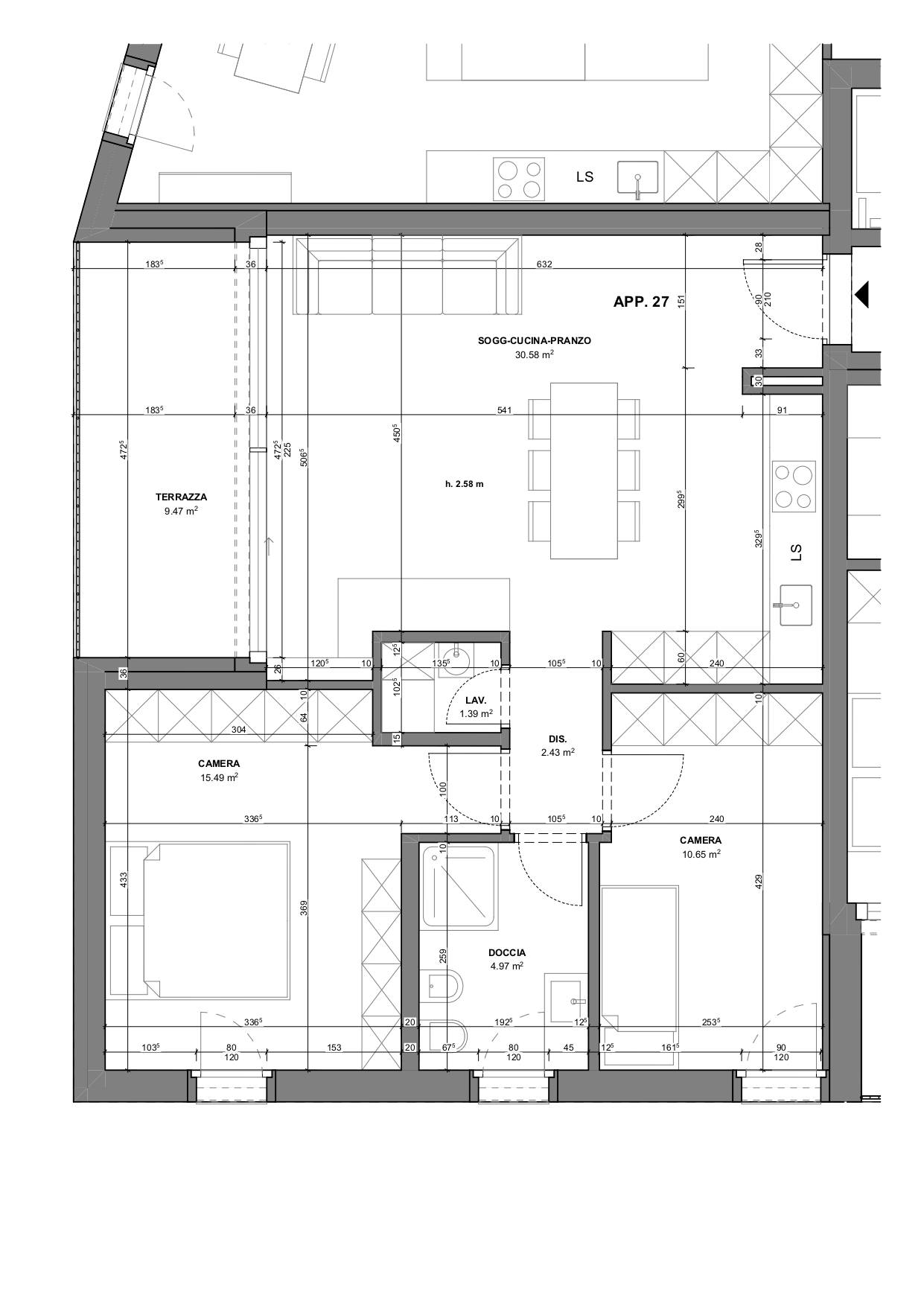 Grundriss einer Wohnung mit Terrasse und mehreren Zimmern